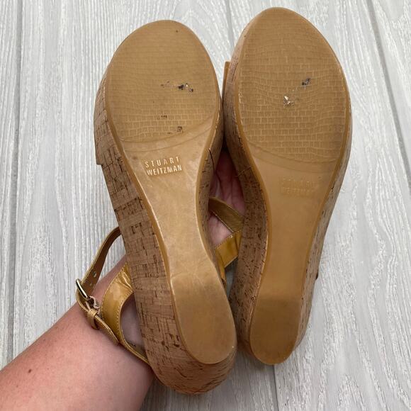 STUART WEITZMAN WOMEN'S TAN PATENT LEATHER STRAPPY CORK WEDGE SANDALS SIZE 10 - Picture 7 of 10
